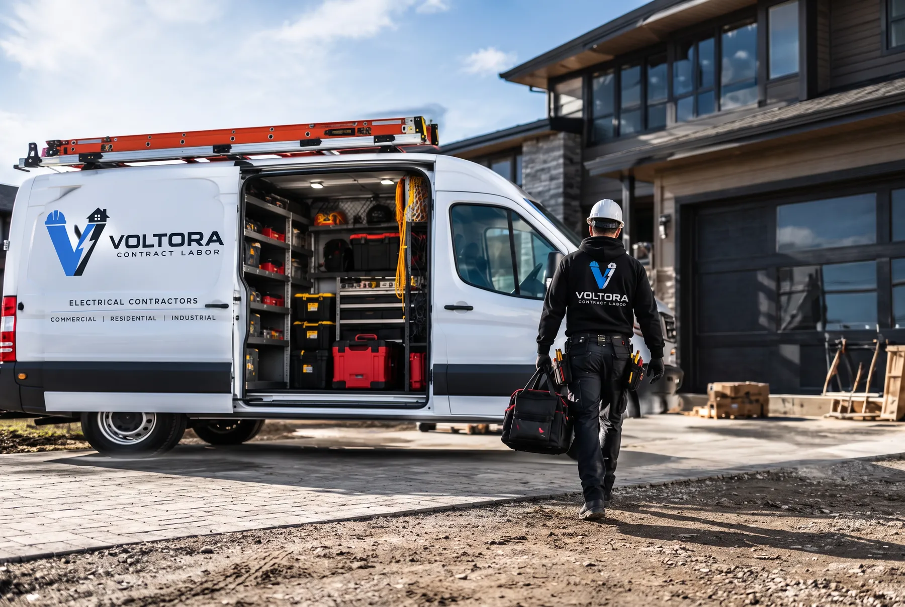 A Voltora Contract Labor electrician walking to a job site from a branded work van
